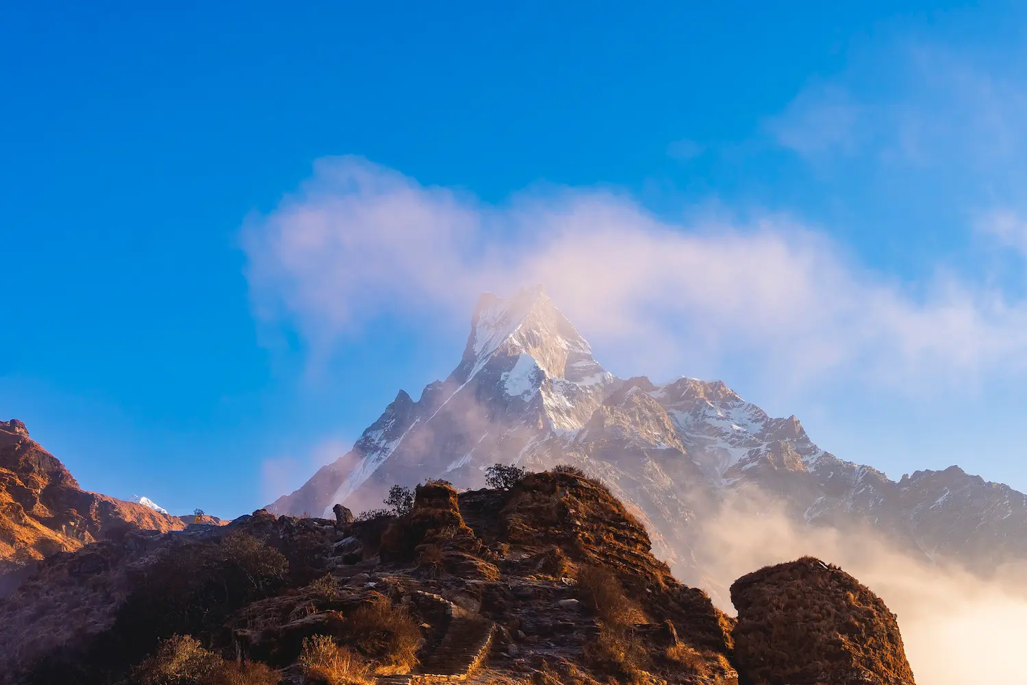 Dramatic Himalayan mountain ridge at sunrise